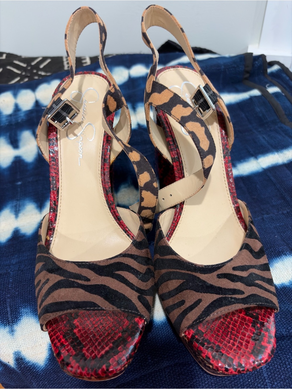 Jessica Simpson Platform Slingback Heels in Brown and Red Animal Print - Picture 2 of 4